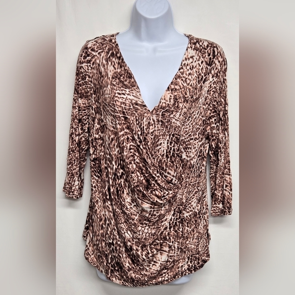 Jennifer Lopez PXL Animal Print Brown Stretch Knit Top Gathered Side 1/2 Sleeve
